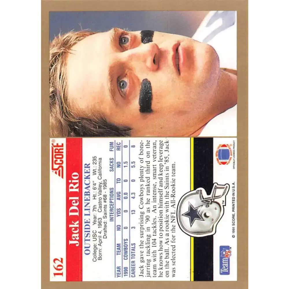 1991 Score #162 Jack Del Rio EX Excellent Dallas Cowboys Football Card - Football Card Single