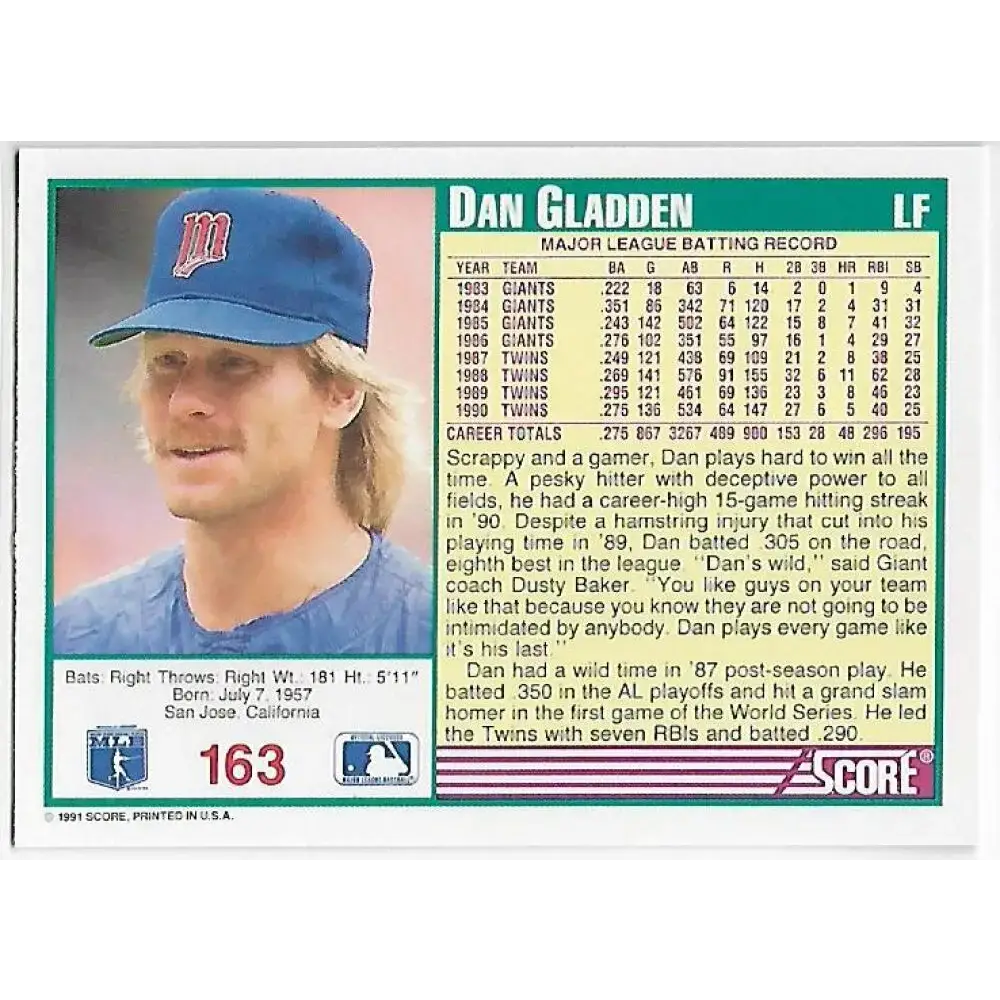 1991 Score #163 Dan Gladden NM-MT Minnesota Twins Baseball Card - Baseball Card Single