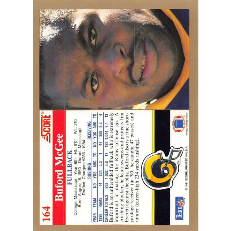 1991 Score #164 Buford McGee EX Excellent Los Angeles Rams Football Card - Football Card Single