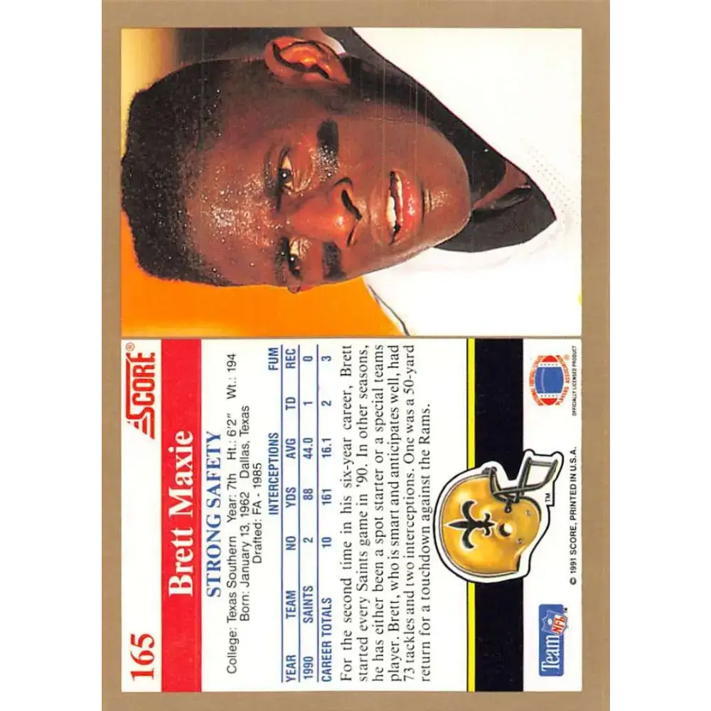 1991 Score #165 Brett Maxie EX Excellent RC Rookie New Orleans Saints Football Card - Football Card Single