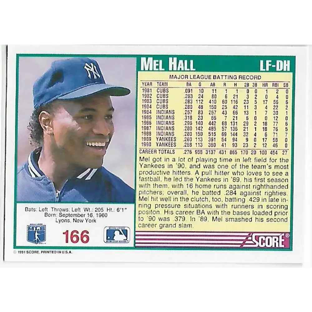 1991 Score #166 Mel Hall NM-MT New York Yankees Baseball Card - Baseball Card Single