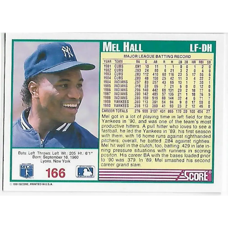 1991 Score #166 Mel Hall NM-MT New York Yankees Baseball Card - Baseball Card Single