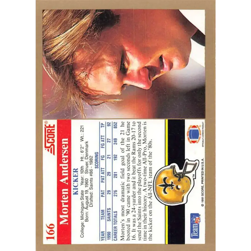 1991 Score #166 Morten Andersen EX Excellent New Orleans Saints Football Card - Football Card Single