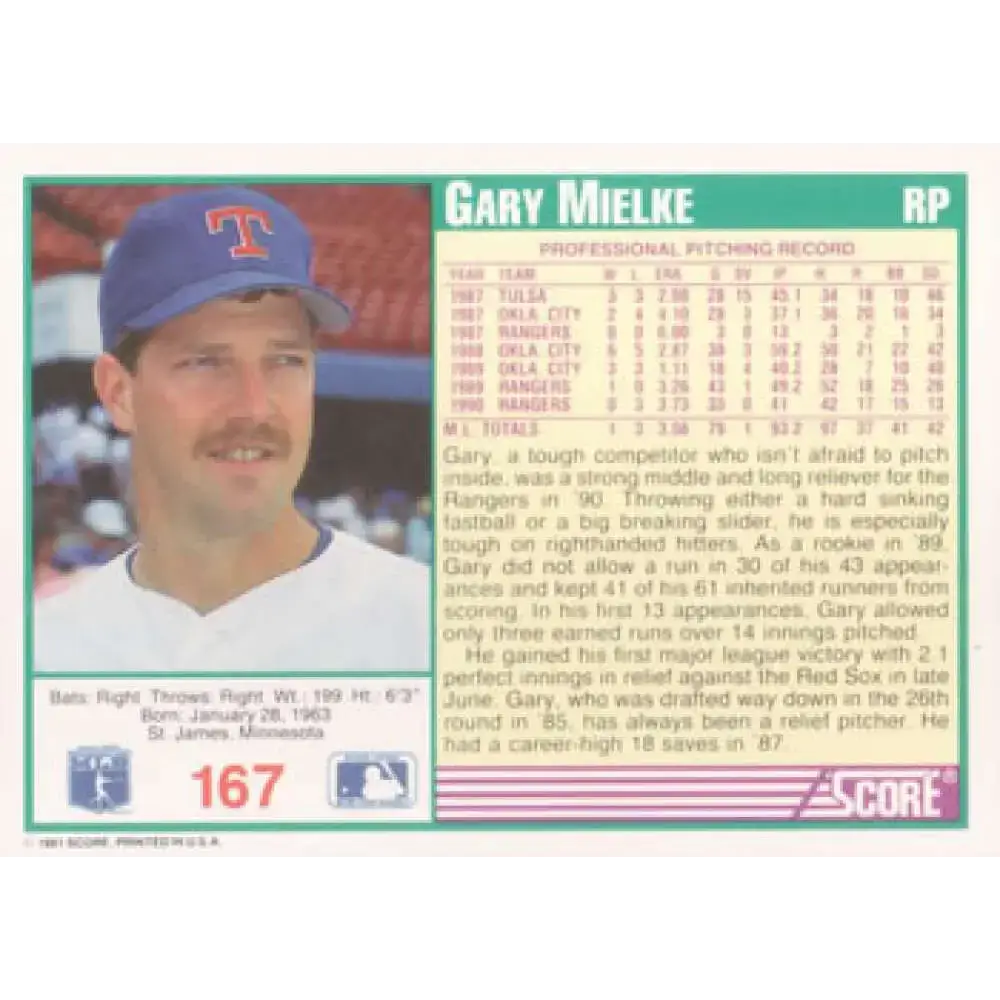 1991 Score #167 Gary Mielke NM-MT Texas Rangers Baseball Card - Baseball Card Single