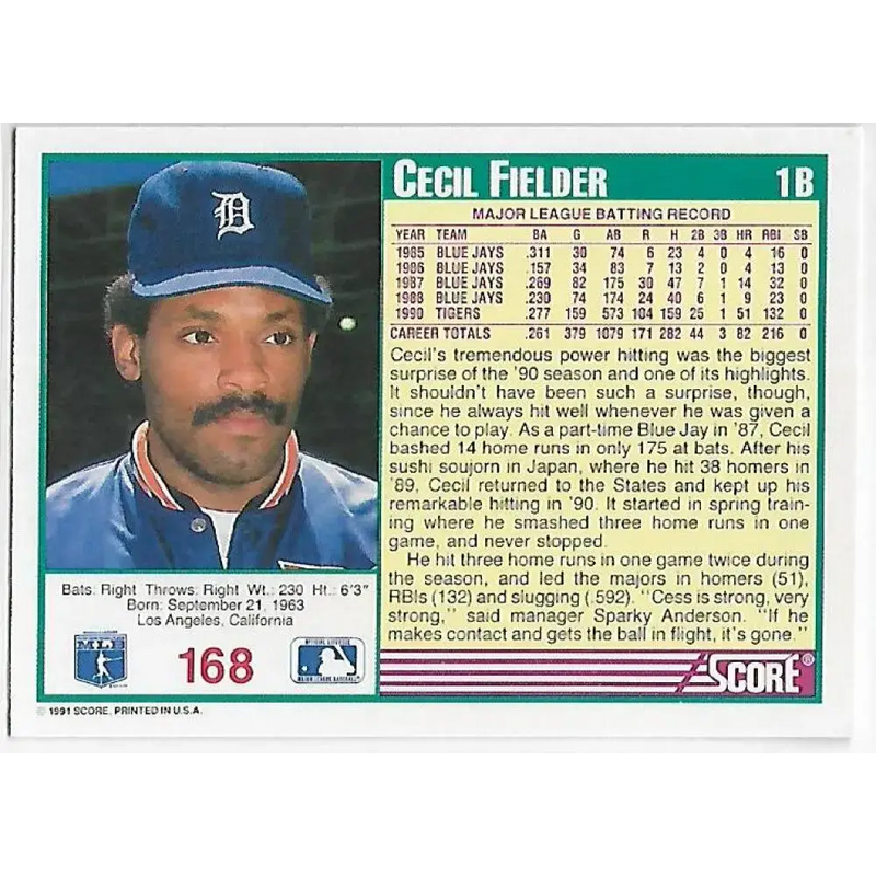 1991 Score #168 Cecil Fielder NM-MT Detroit Tigers Baseball Card - Baseball Card Single
