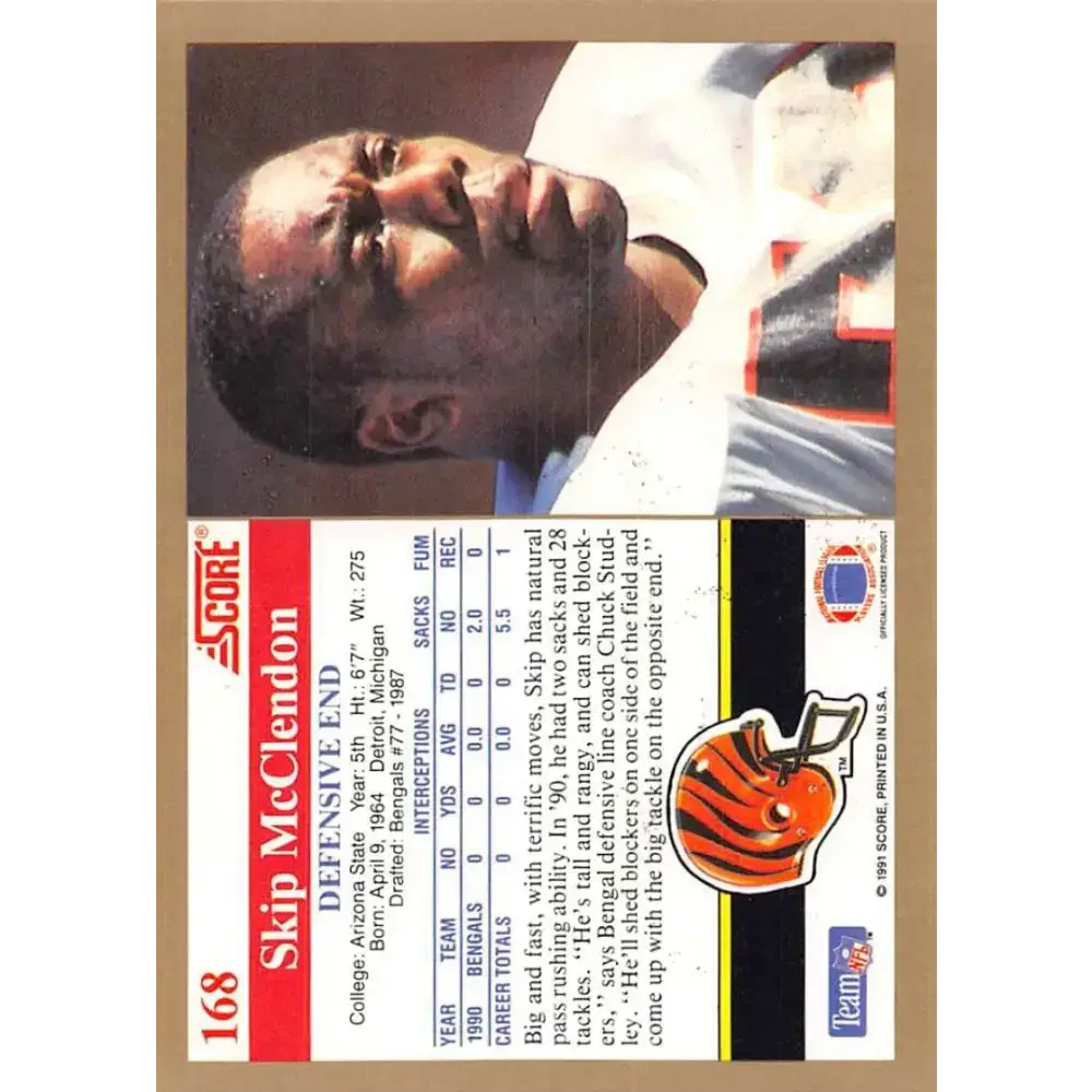 1991 Score #168 Skip McClendon EX Excellent Cincinnati Bengals Football Card - Football Card Single