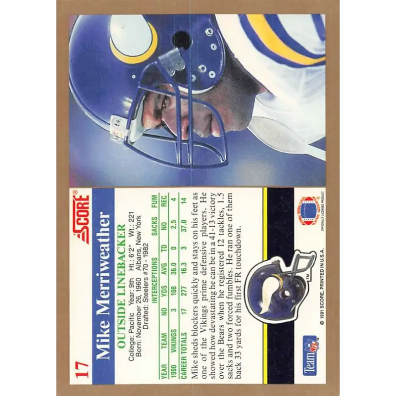 1991 Score #17 Mike Merriweather EX Excellent Minnesota Vikings Football Card - Football Card Single