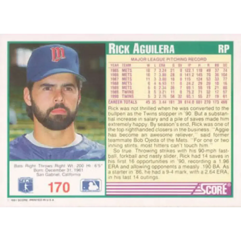 1991 Score #170 Rick Aguilera NM-MT Minnesota Twins Baseball Card - Baseball Card Single