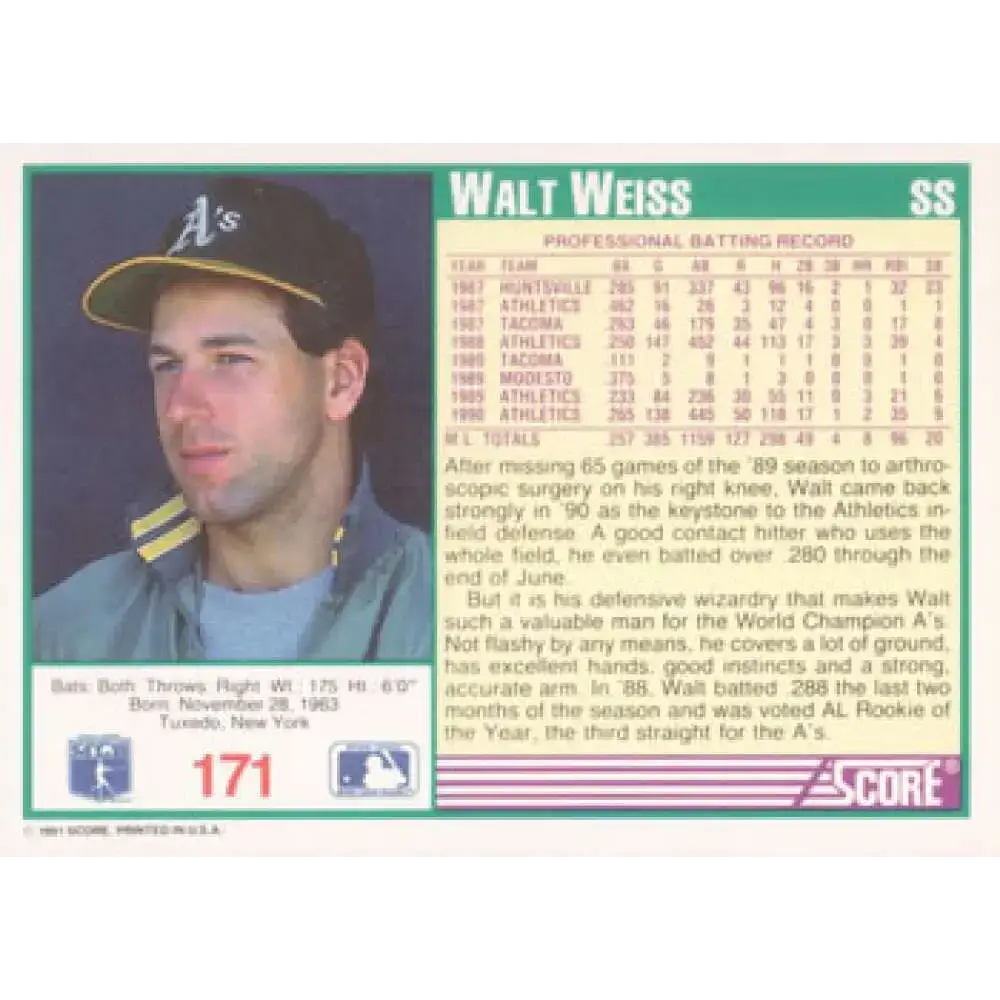 1991 Score #171 Walt Weiss NM-MT Oakland Athletics Baseball Card - Baseball Card Single