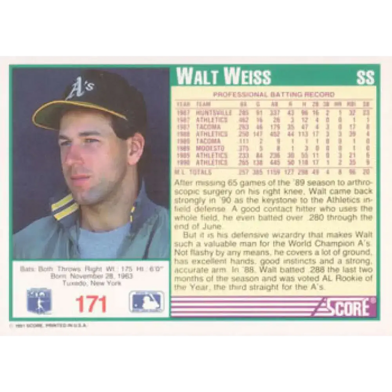 1991 Score #171 Walt Weiss NM-MT Oakland Athletics Baseball Card - Baseball Card Single