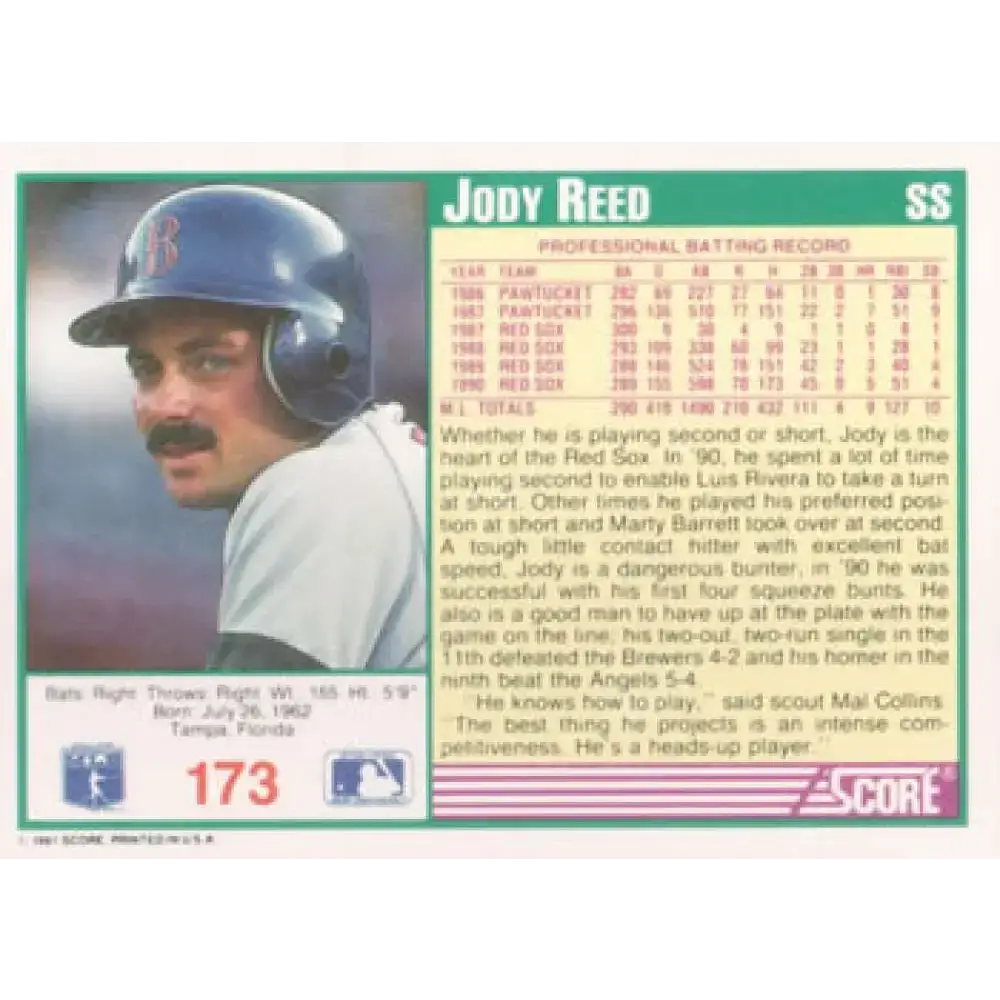 1991 Score #173 Jody Reed NM-MT Boston Red Sox Baseball Card - Baseball Card Single