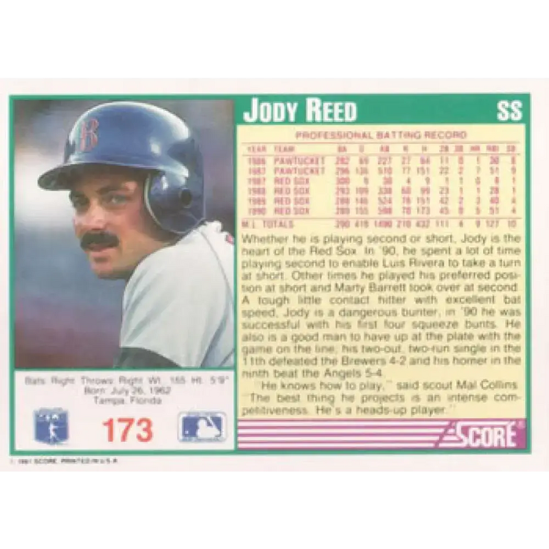 1991 Score #173 Jody Reed NM-MT Boston Red Sox Baseball Card - Baseball Card Single