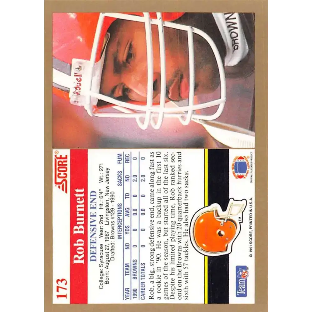 1991 Score #173 Rob Burnett EX Excellent RC Rookie Cleveland Browns Football Card - Football Card Single