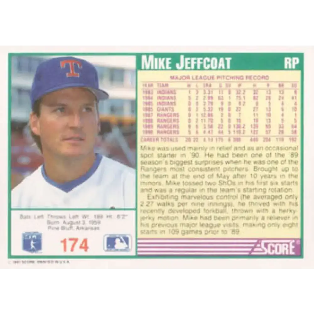1991 Score #174 Mike Jeffcoat NM-MT Texas Rangers Baseball Card - Baseball Card Single