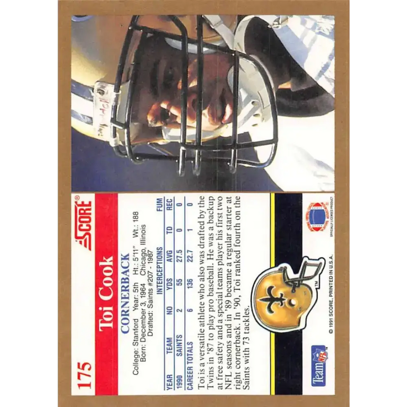 1991 Score #175 Toi Cook EX Excellent RC Rookie New Orleans Saints Football Card - Football Card Single