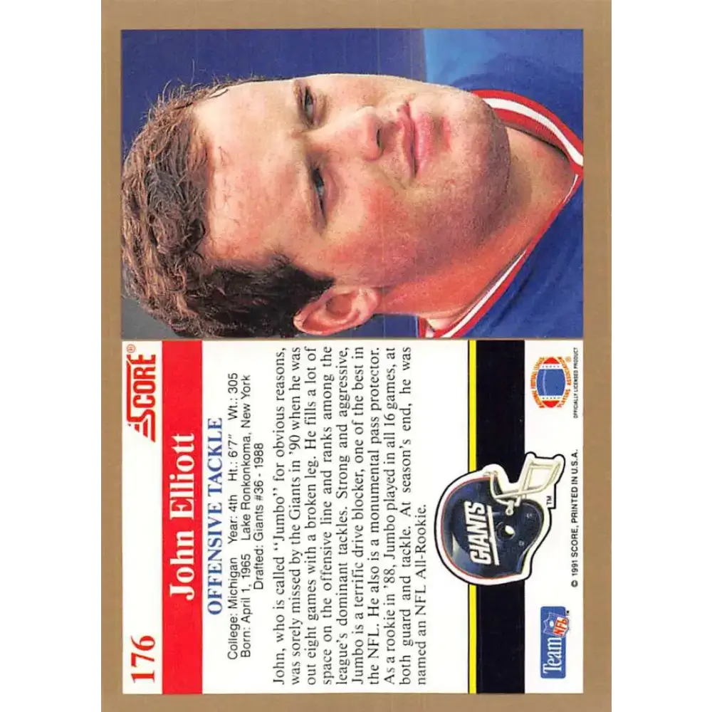 1991 Score #176 John Elliott EX Excellent New York Giants Football Card - Football Card Single
