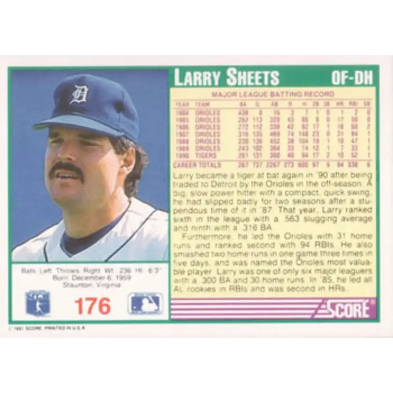 1991 Score #176 Larry Sheets NM-MT Detroit Tigers Baseball Card - Baseball Card Single