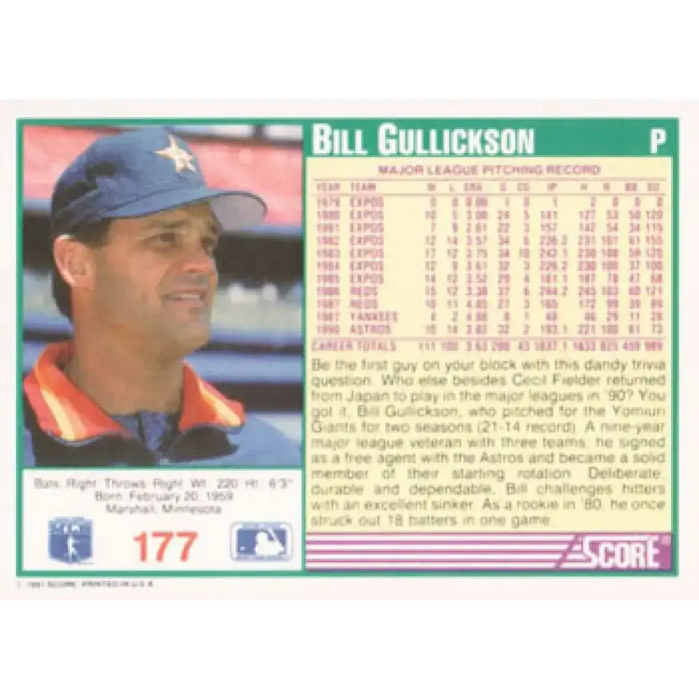 1991 Score #177 Bill Gullickson NM-MT Houston Astros Baseball Card - Baseball Card Single