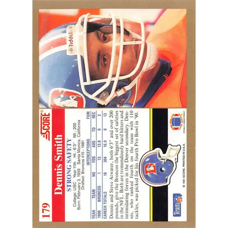 1991 Score #179 Dennis Smith EX Excellent Denver Broncos Football Card - Football Card Single