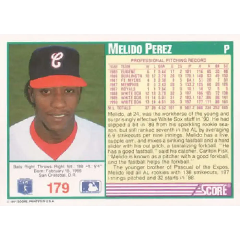 1991 Score #179 Melido Perez NM-MT Chicago White Sox Baseball Card - Baseball Card Single