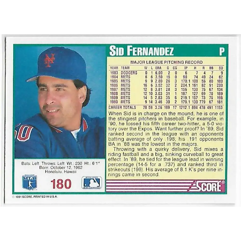 1991 Score #180 Sid Fernandez UER NM-MT New York Mets Baseball Card - Baseball Card Single