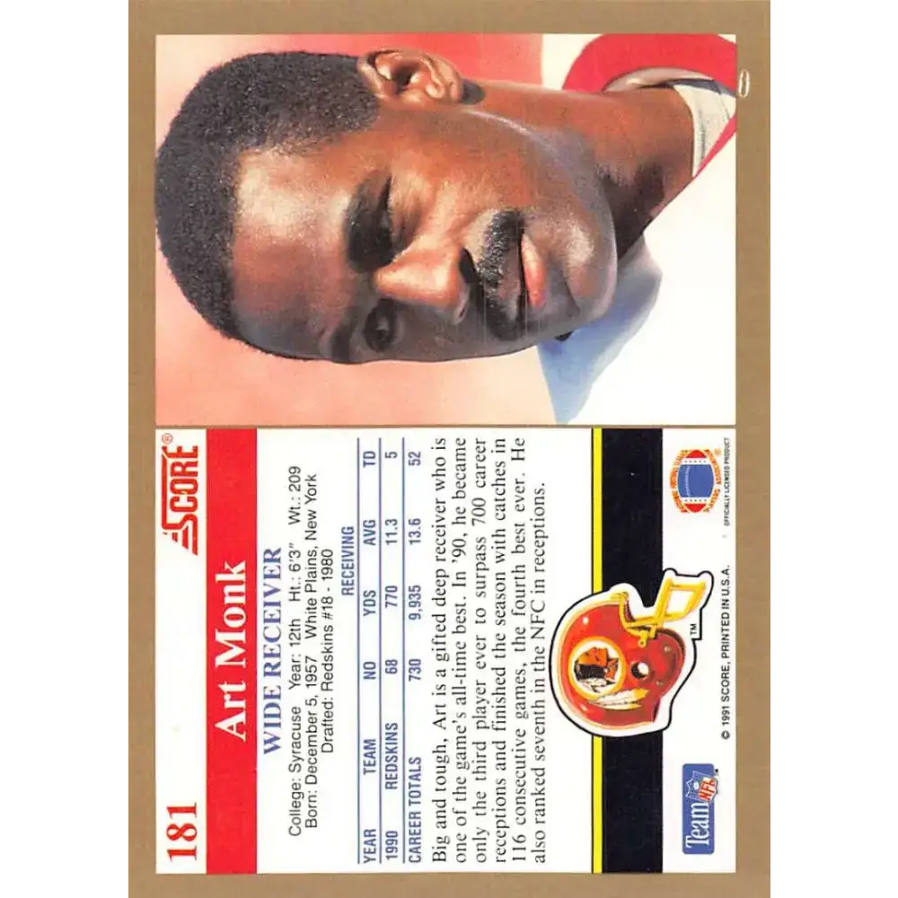 1991 Score #181 Art Monk EX Excellent Washington Redskins Football Card - Football Card Single
