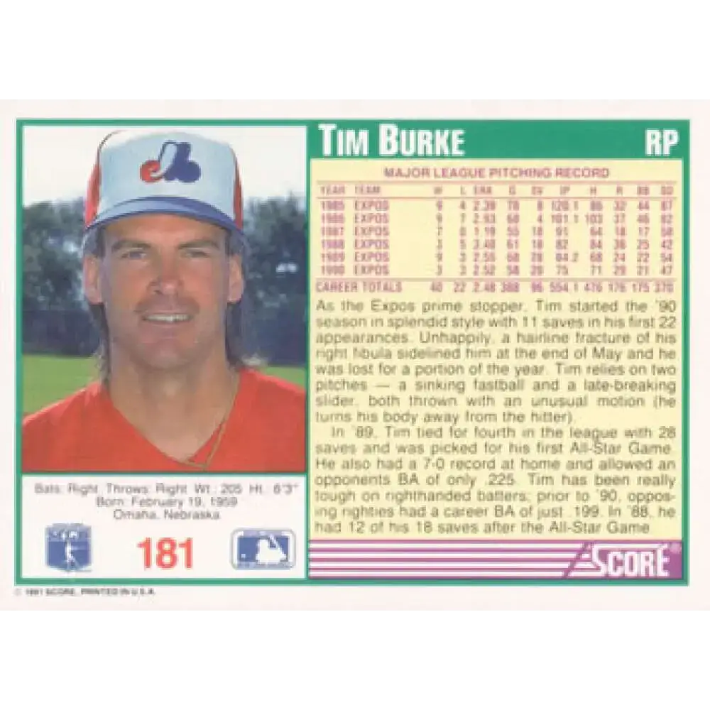 1991 Score #181 Tim Burke NM-MT Montreal Expos Baseball Card - Baseball Card Single