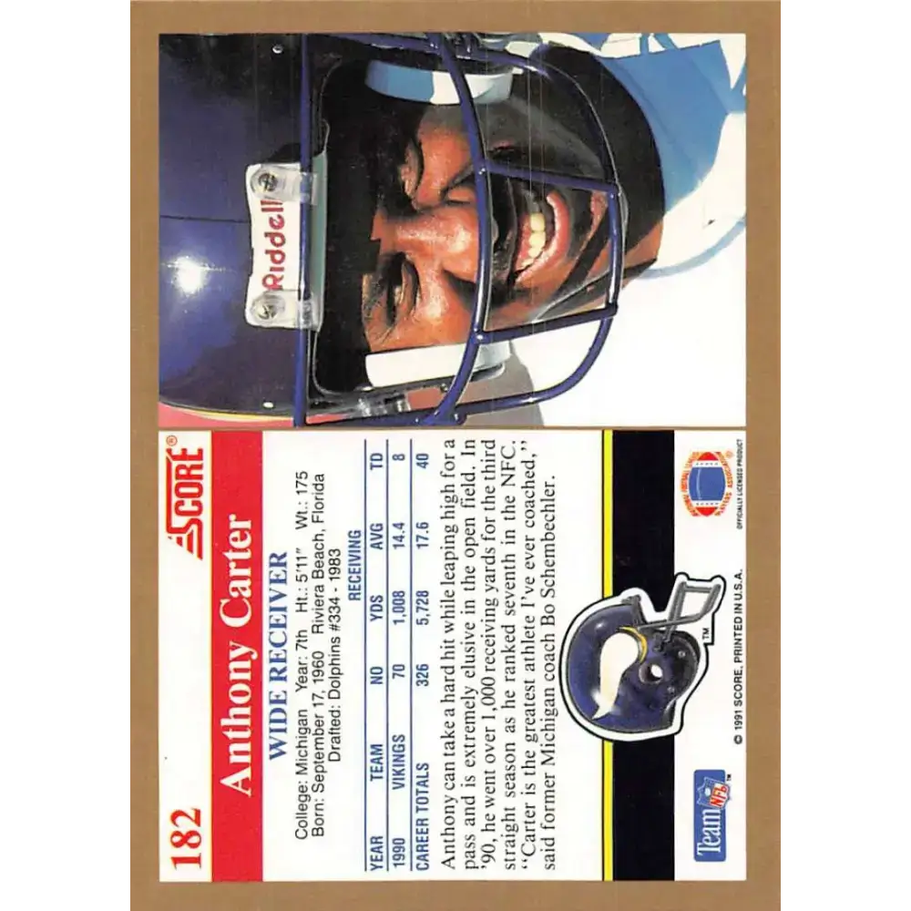 1991 Score #182 Anthony Carter EX Excellent Minnesota Vikings Football Card - Football Card Single