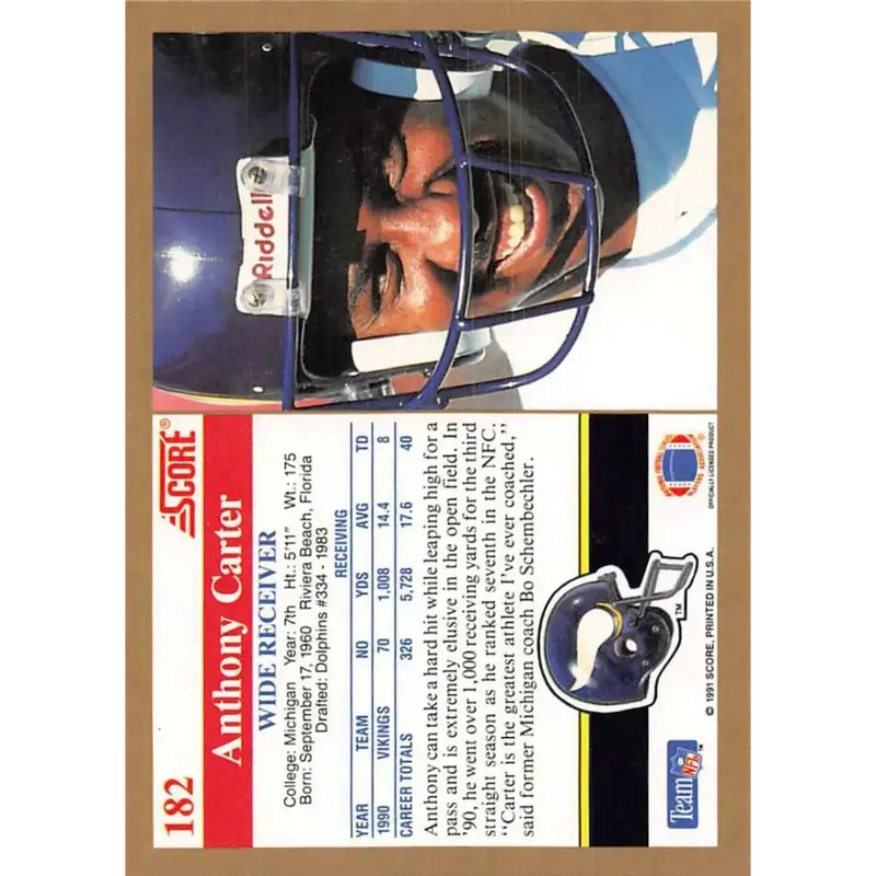 1991 Score #182 Anthony Carter EX Excellent Minnesota Vikings Football Card - Football Card Single