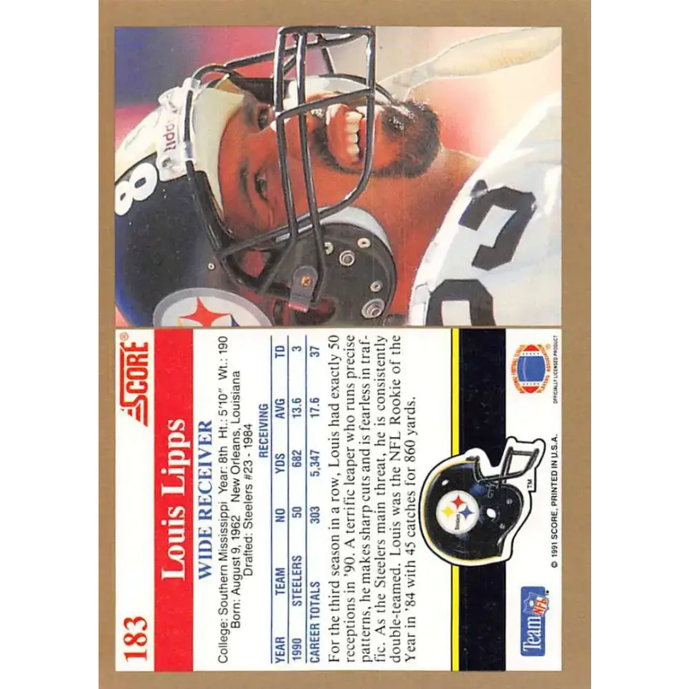 1991 Score #183 Louis Lipps EX Excellent Pittsburgh Steelers Football Card - Football Card Single