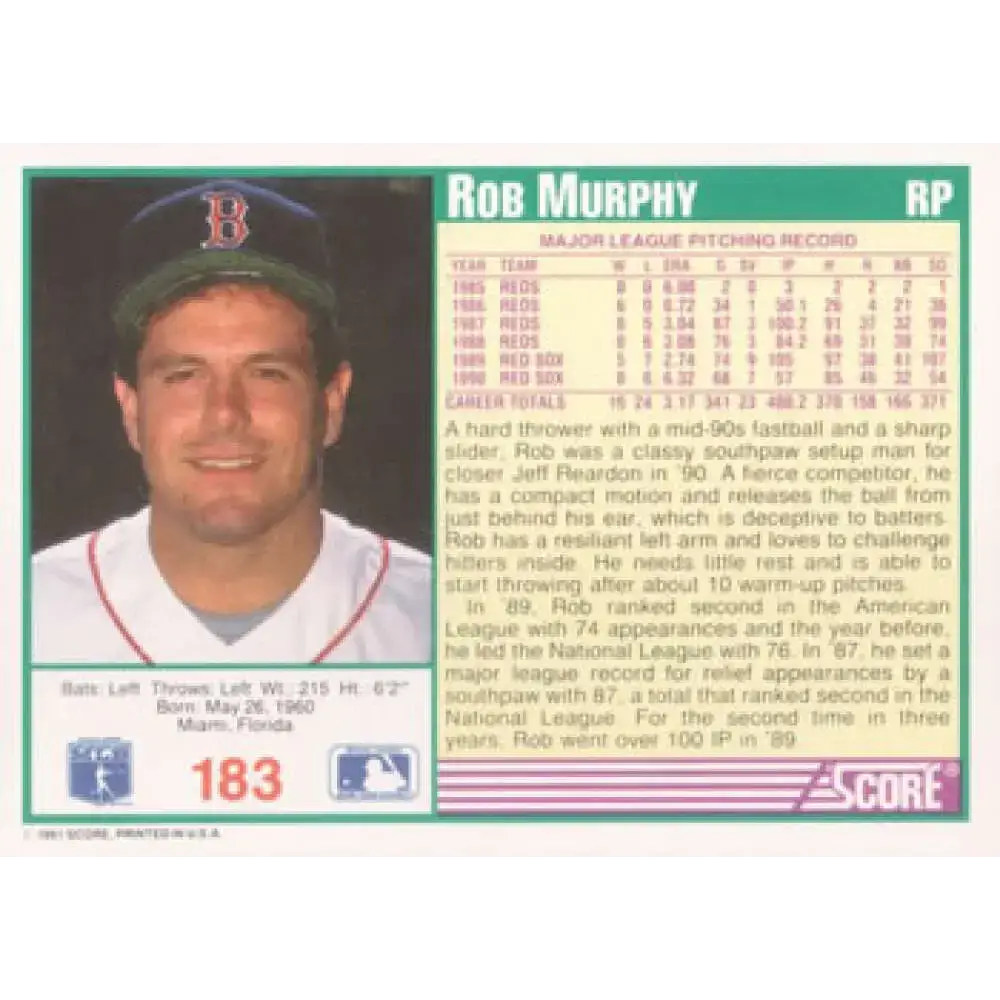 1991 Score #183 Rob Murphy NM-MT Boston Red Sox Baseball Card - Baseball Card Single