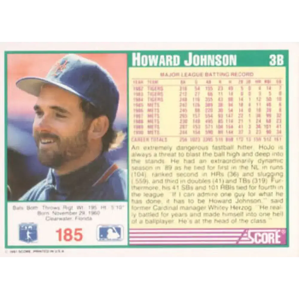 1991 Score #185 Howard Johnson NM-MT New York Mets Baseball Card - Baseball Card Single