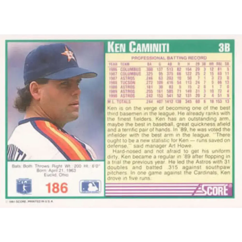 1991 Score #186 Ken Caminiti NM-MT Houston Astros Baseball Card - Baseball Card Single