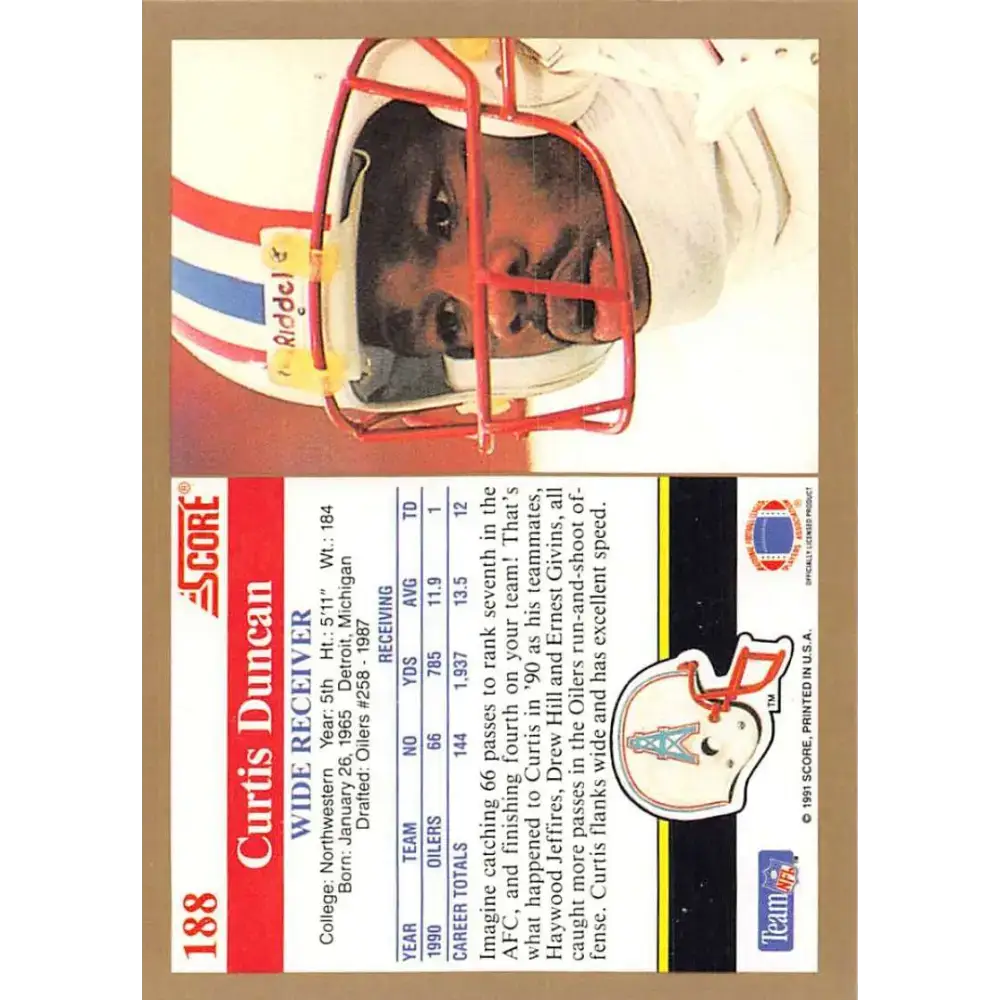 1991 Score #188 Curtis Duncan EX Excellent Houston Oilers Football Card - Football Card Single