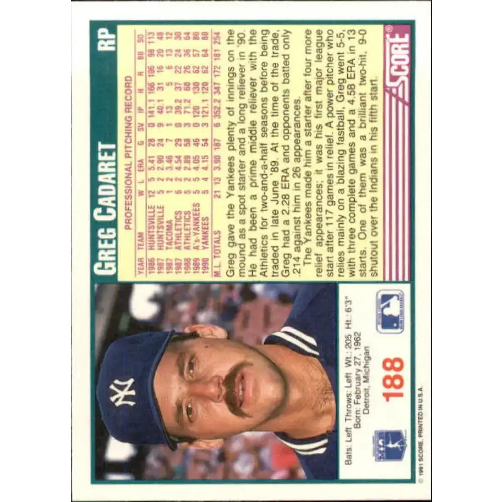 1991 Score #188 Greg Cadaret NM-MT New York Yankees Baseball Card - Baseball Card Single