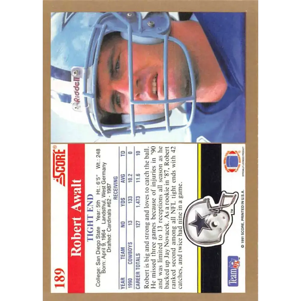 1991 Score #189 Robert Awalt EX Excellent Dallas Cowboys Football Card - Football Card Single