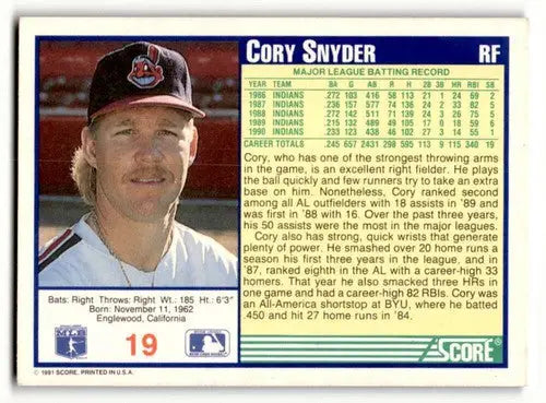 1991 Score #19 Cory Snyder Cleveland Indians Baseball Cards EX/NM ID:57527 - Baseball Card Single