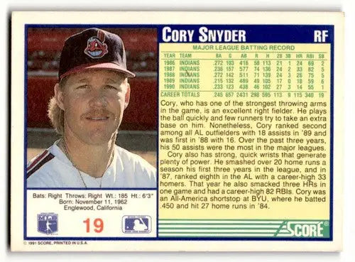 Original gloss 1991 Score Cory Snyder Cleveland Indians baseball card featuring Snyder Cleveland Indians player