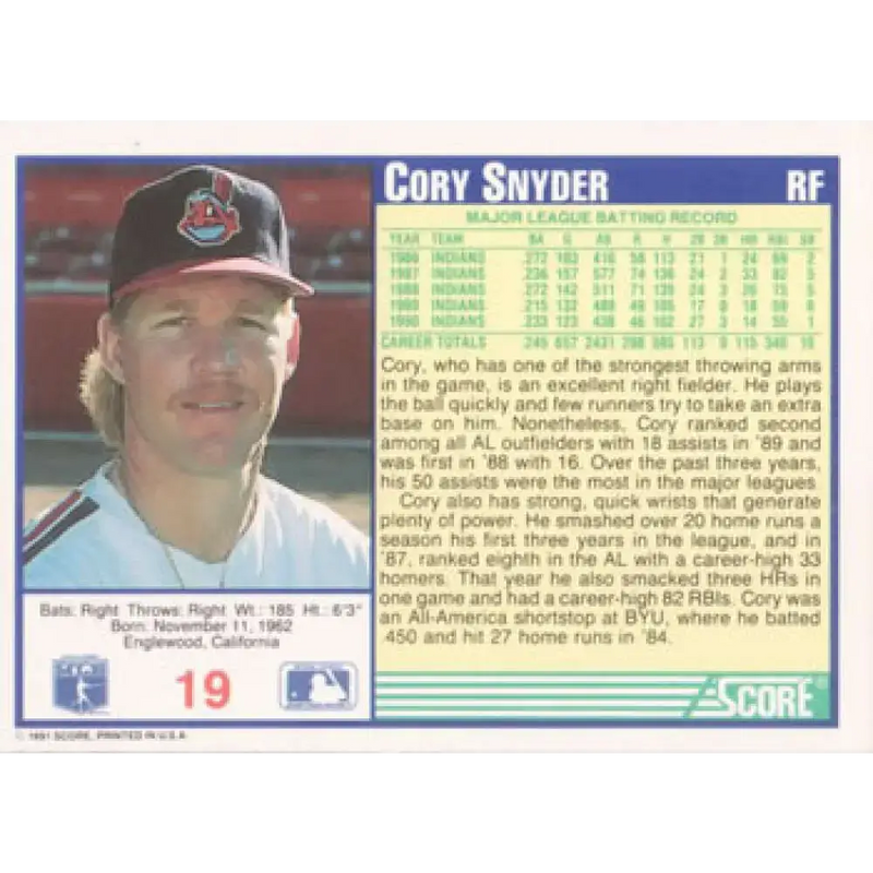 1991 Score #19 Cory Snyder NM-MT Cleveland Indians Baseball Card - Baseball Card Single