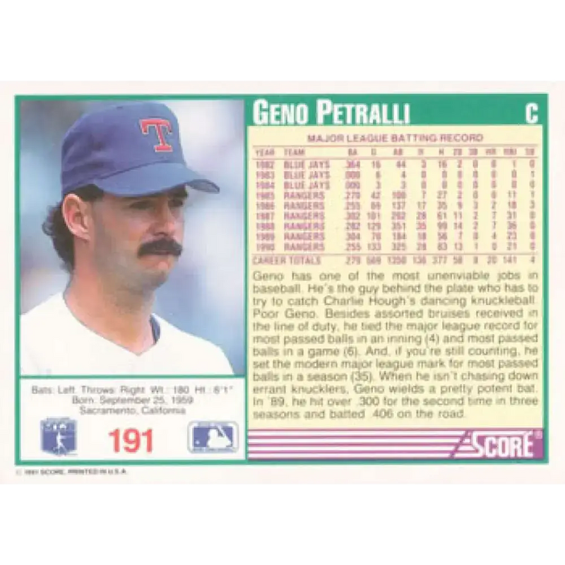 1991 Score #191 Geno Petralli NM-MT Texas Rangers Baseball Card - Baseball Card Single