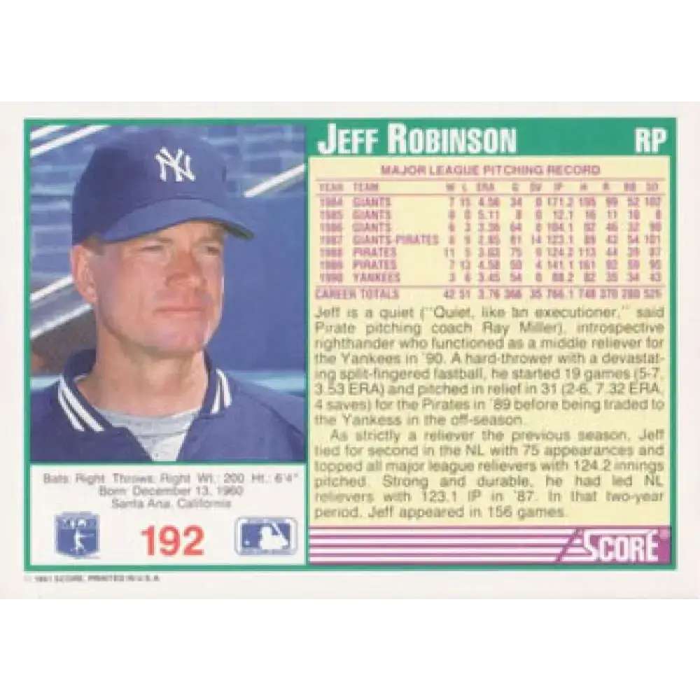 1991 Score #192 Jeff Robinson NM-MT New York Yankees Baseball Card - Baseball Card Single