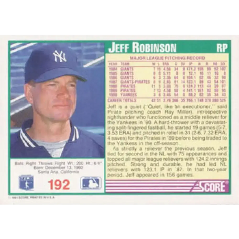 1991 Score #192 Jeff Robinson NM-MT New York Yankees Baseball Card - Baseball Card Single