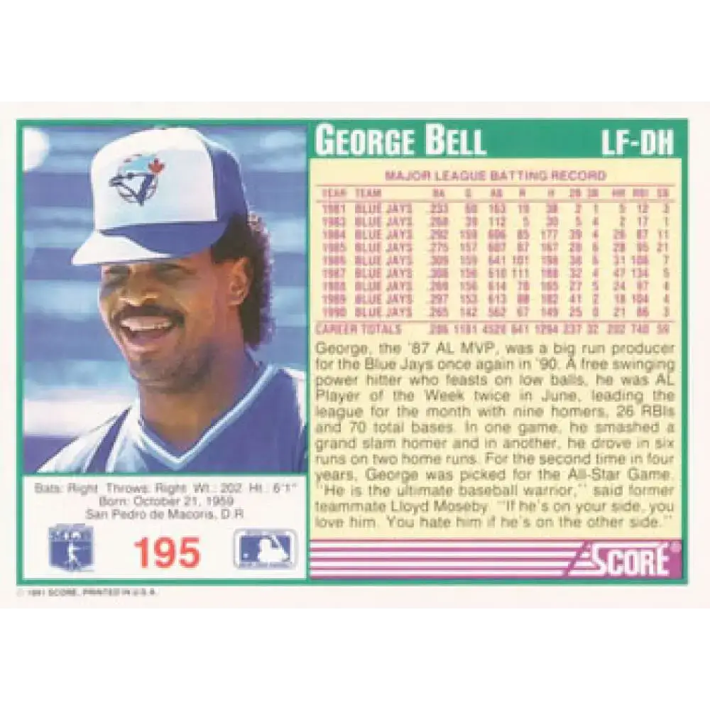 1991 Score #195 George Bell NM-MT Toronto Blue Jays Baseball Card - Baseball Card Single