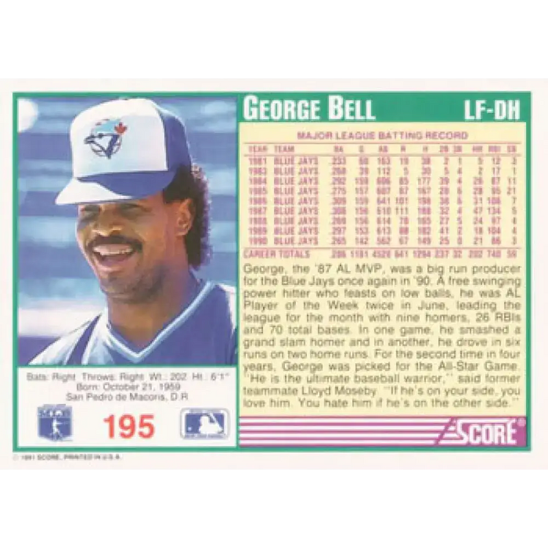 1991 Score #195 George Bell NM-MT Toronto Blue Jays Baseball Card - Baseball Card Single