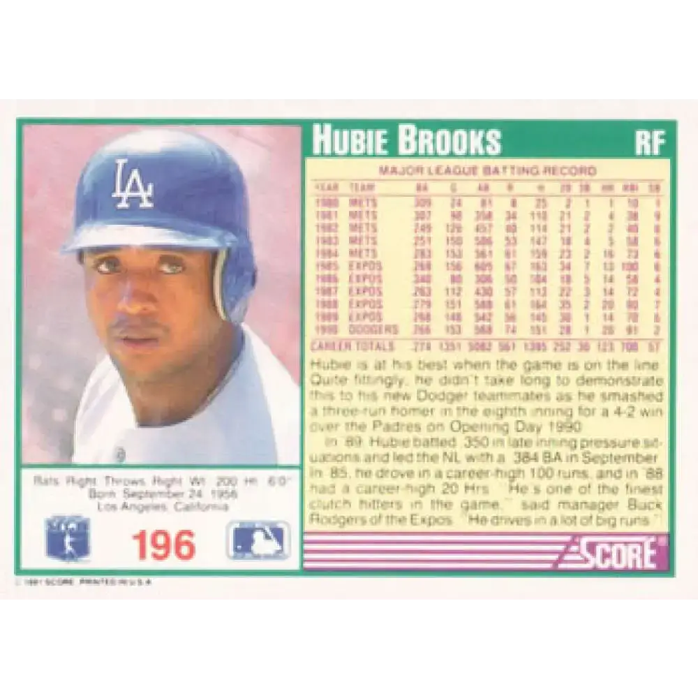 1991 Score #196 Hubie Brooks NM-MT Los Angeles Dodgers Baseball Card - Baseball Card Single