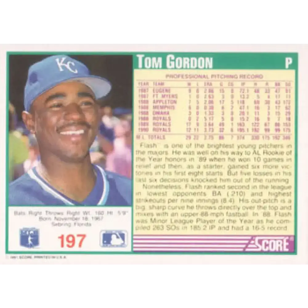 1991 Score #197 Tom Gordon NM-MT Kansas City Royals Baseball Card - Baseball Card Single