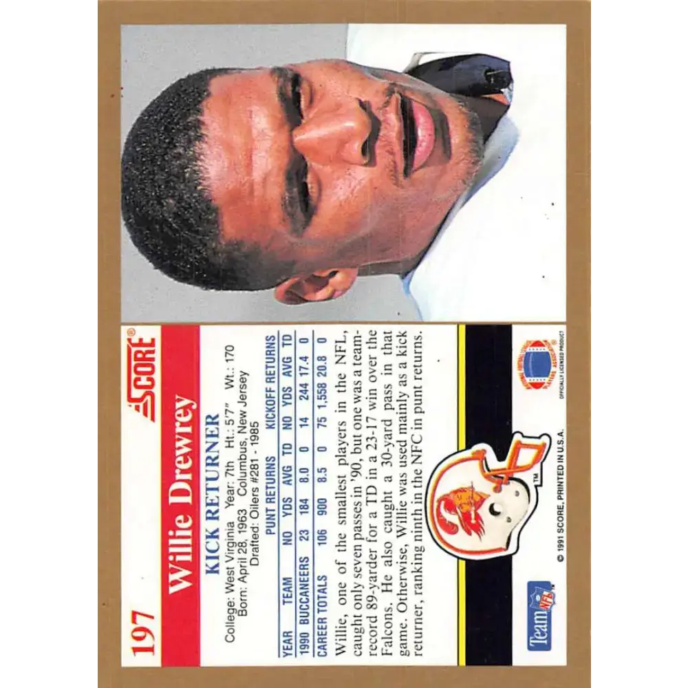 1991 Score #197 Willie Drewrey EX Excellent Tampa Bay Buccaneers Football Card - Football Card Single