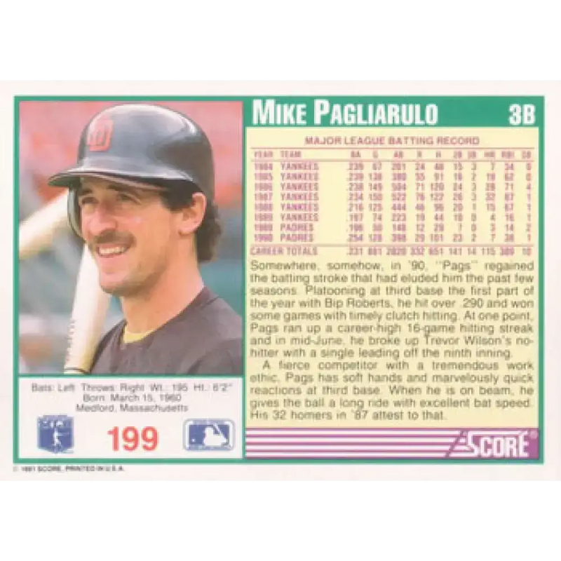1991 Score #199 Mike Pagliarulo NM-MT San Diego Padres Baseball Card - Baseball Card Single