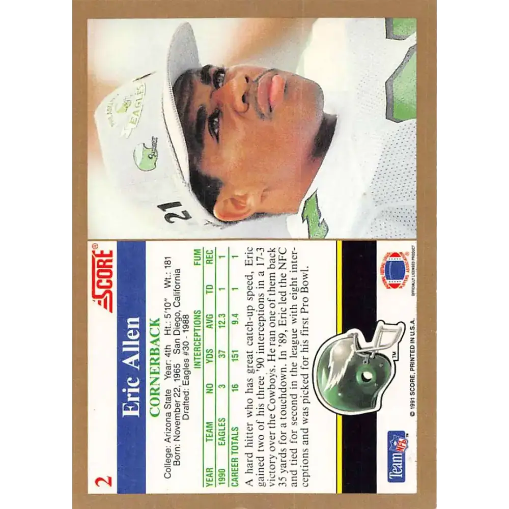 1991 Score #2 Eric Allen EX Excellent Philadelphia Eagles Football Card - Football Card Single