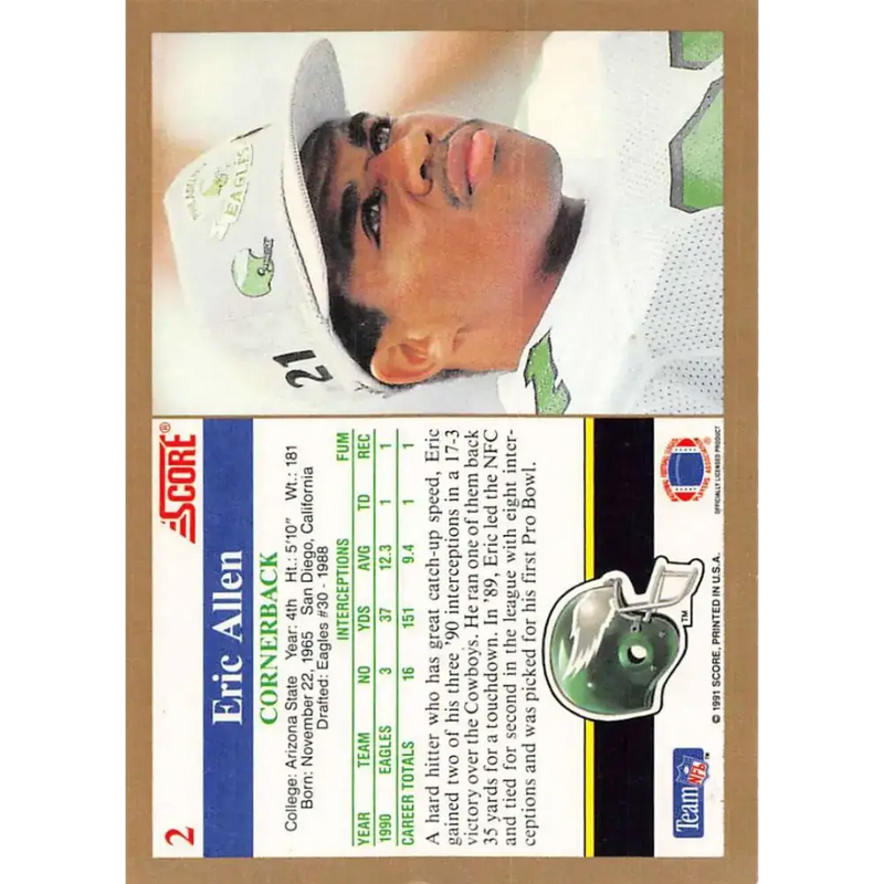 1991 Score #2 Eric Allen EX Excellent Philadelphia Eagles Football Card - Football Card Single